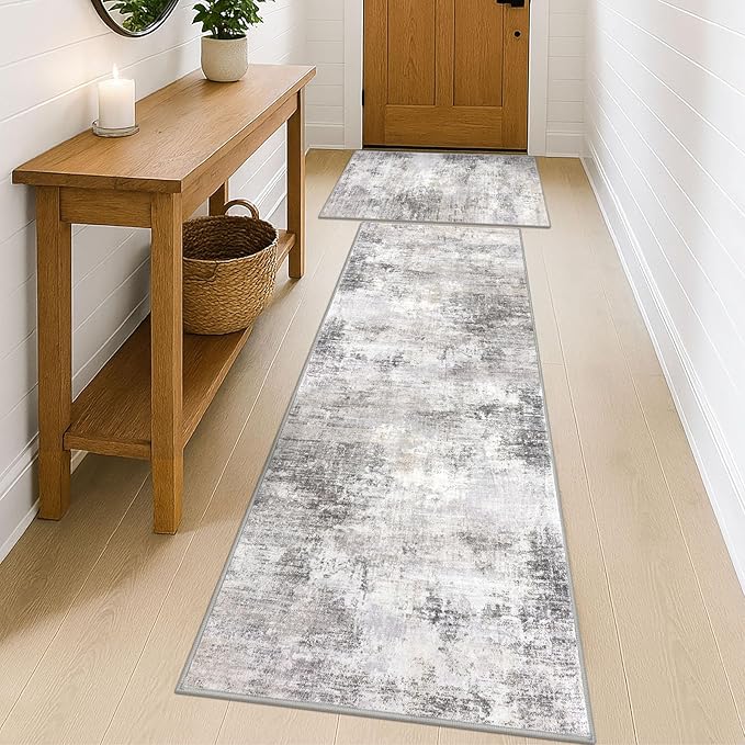 IOHOUZE Abstract Area Rugs and Runners Sets 2x3 and 2x6 Ft, Washable Entryway Rug and Runner Set, Non Slip Kitchen Rug Set, Printed Faux Wool Modern Floor Carpet for Hall Kitchen Entrance, Grey Beige