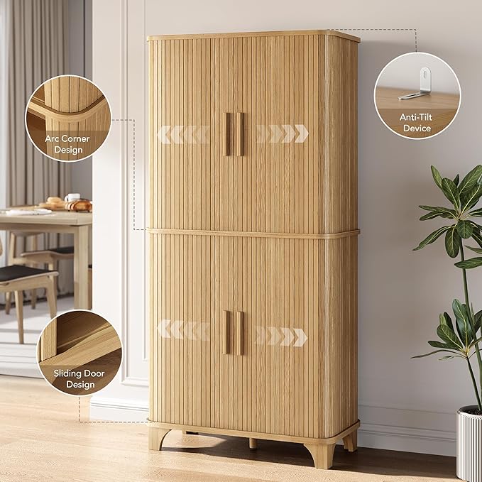 69" Tall Kitchen Pantry Storage Cabinet with Sliding Door, Modern Curved Edge Pantry Storage Cabinet with 5 Shelves, Cupboard for The Kitchen, Dining Room, Bedroom, Living Room, Office (Oak)