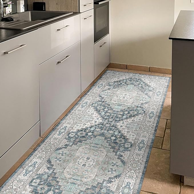 Washable Runner Hallway Rug,Low Pile 2x6 Non Slip Non-Shedding Kitchen Carpet Soft Indoor Stain Resistant Rug for Bedroom Laundry Room Bathroom Blue Beige Multi
