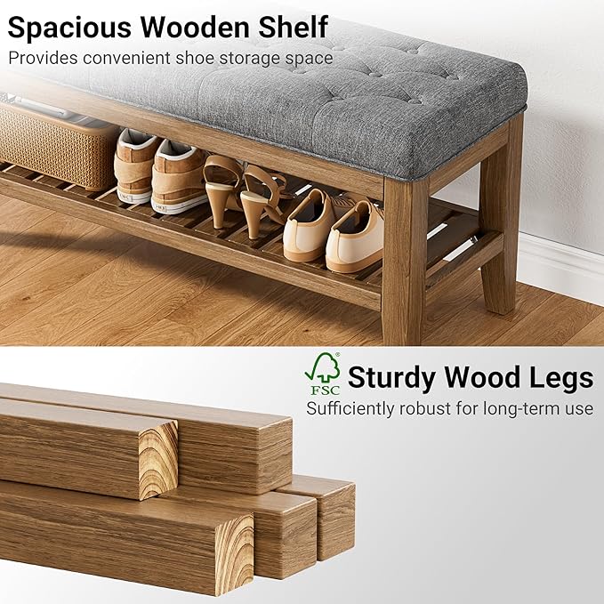 End of Bed Storage Bench, 42.9" Entryway Shoe Bench with Solid Wood Shelf, Upholstered Ottoman with Padded Seat for Bedroom, Hallway and Lining Room, Dark Gray