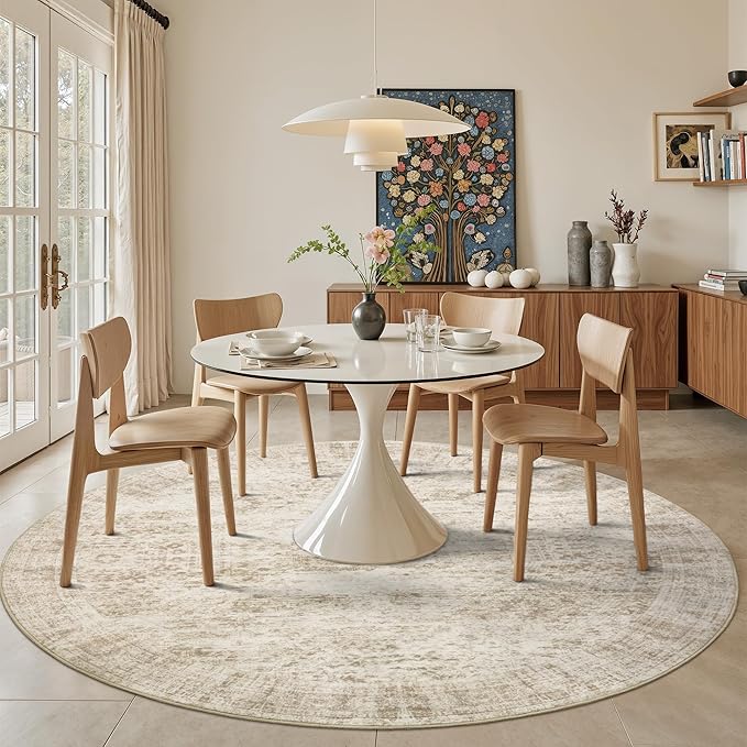 8x8 Beige Round Rug 8ft Living Room Circle Rug Vintage Round Area Rug Non Slip Indoor Carpet for Apartment