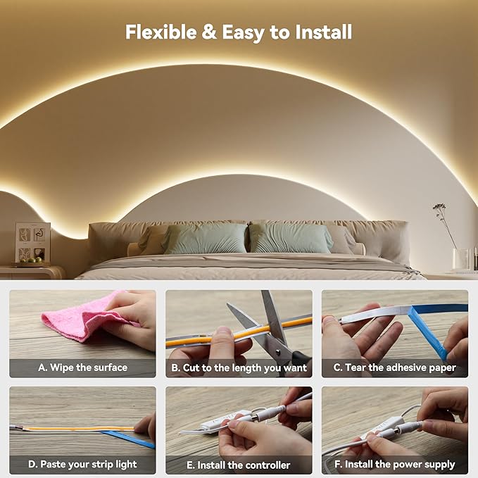 PAUTIX COB LED Strip Lights with RF Remote,UL Listed Dotless LED Lights Dimmable 3000K Warm White,Super Bright 16.4ft Flexible 24V LED Tape Light,for Kitchen Cabinets,Bed,Office,Stairs Indoor Lighting