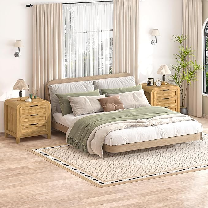 IKENO Wood Nightstand Set of 2 with 3 Storage Drawer, 21" Wide Night Stand with Curved Profile Design, Bedside End Table for Bedroom, Living Room, Closet (2, Natural Oak, 3 Drawer)