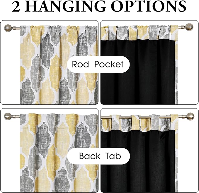 Beauoop 100% Blackout Curtains 96 Inches Long 2 Panels for Bedroom Living Room Yellow Grey Moroccan Geo Room Darkening Thermal Insulated Soundproof Rod Pocket Back Tab Window Treatments Drapes, 50x96