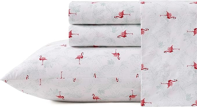 Tommy Bahama - Queen Size Sheet Set, Crisp & Cool Cotton Percale Bedding with a Smooth Lightweight Feel, 4 Piece Holiday Bed Sheets with Matching Pillowcases (Flamingo Santa Red)