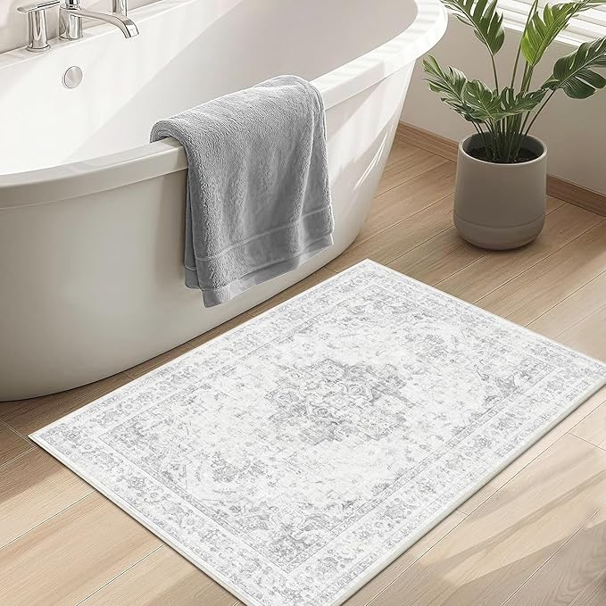 2x3 Vintage Washable Area Rugs for Entryway Soft Non-Slip Bath Mat Boho Medallion Distressed Retro Accent Carpet Floral Low Pile Indoor Throw Rug for Kitchen Laundry Living Room Bedroom, Gray