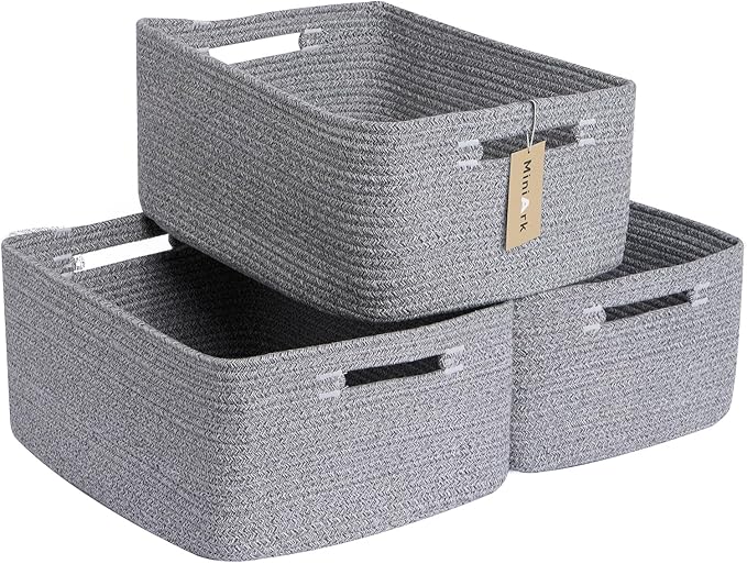 Large Storage Baskets for Shelves, Closet Organizers Bins for Clothes Blanket Towels, Baby Nursery, Toy Baskets Box, Woven Rope Baskets, 17 x 13 x 7.5”, 3 Packs Mixed Grey