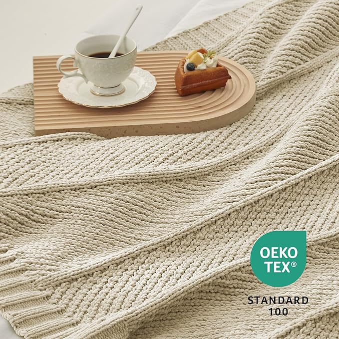Amélie Home Chevron Chenille Knit Throw Blanket for Couch, Cozy Texture Decorative Soft Blanket for Sofa & Chair, 60"x80", Beige