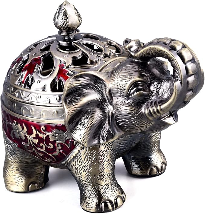 K COOL Metal Backflow Incense Holder Elephant Cone Incense Burner Candle Holder with Lid, Aromatherapy Ornament Home Office Decoration for Indoor Outdoor (Red)