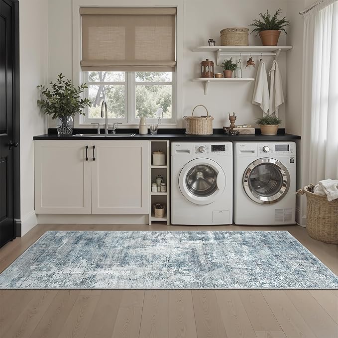 Runner Rug 2'x6' Abstract Washable Non-Slip Runner Rugs for Kitchen Bathroom Laundry Room Blue Vintage Floor Carpet Runners for Hallway Entryway