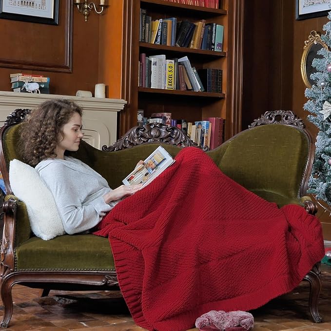 Amélie Home Chevron Chenille Knit Throw Blanket for Couch, Cozy Texture Decorative Soft Blanket for Sofa & Chair, 50"x60", Christmas Red