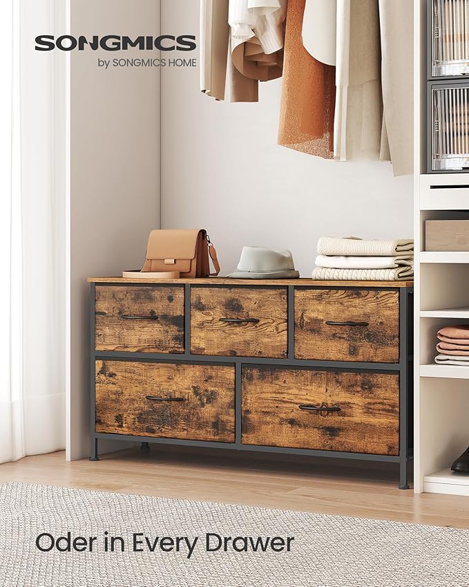 SONGMICS Dresser for Bedroom, Chest of Drawers, Steel, MDF, 5 Non-Woven Fabric Drawers, Storage Organizer Unit, Closet, Entryway, Rustic Brown and Ink Black ULGS322B02S