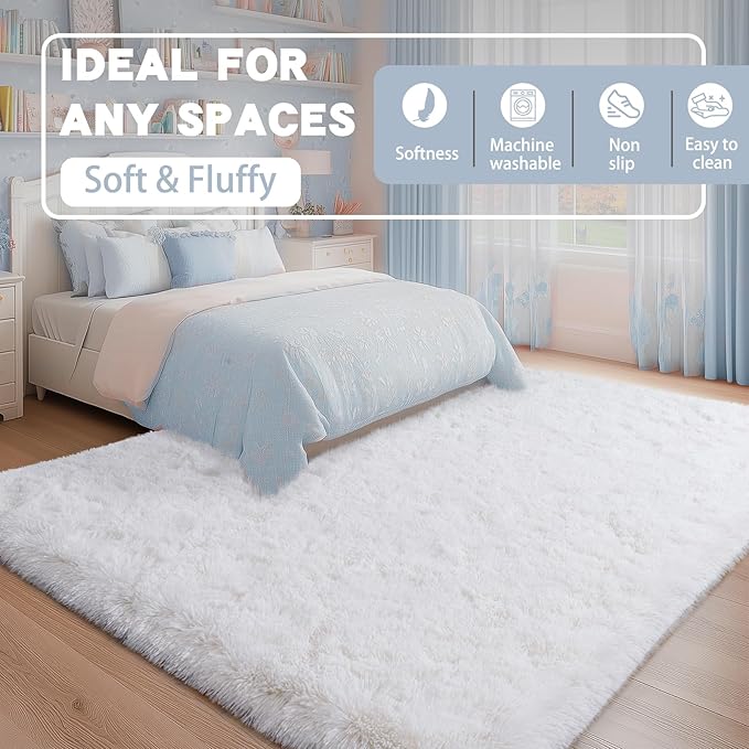 5x7 White Rugs for Bedroom, Soft Fluffy Shaggy Rugs for Living Room, Non-Slip Fuzzy Shag Carpet for Kids Room Home Decor