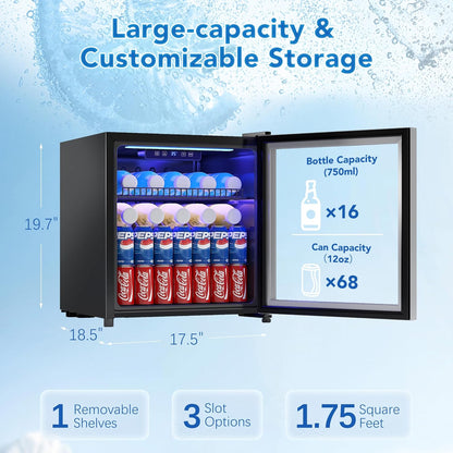 1.77 Cu.Ft Beverage Fridge, Mini Fridge With Glass Door, Beverage Cooler Refrigerator, Wine Drink Beer Fridge, Adjustable Shelves & Digital Temperature Display, 16 Bottle 68 Can, Silver