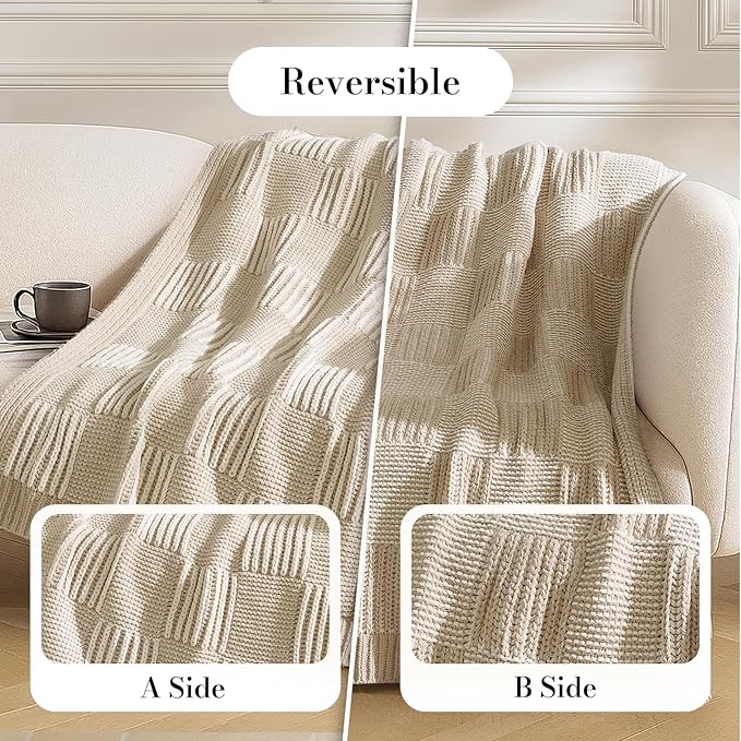 Amélie Home Checkered Knit Throw Blanket for Couch, Chenille Texture Decorative Soft Blanket for Sofa & Chair, 50"x60", Khaki & White