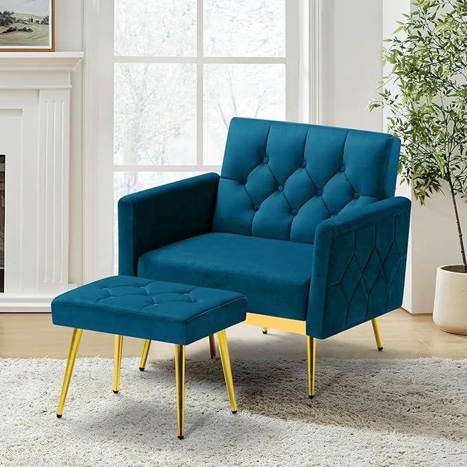 Velvet Accent Chair w/Adjustable Armrests and Backrests, Tufted Single Sofa with Ottoman, Upholstered Reading Chiar for Living Room, Apartment, Bedroom, Teal