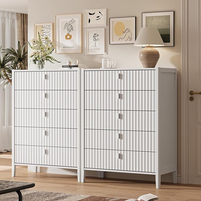 5 Drawer Dresser, Modern Chest of Drawers for Bedroom, Wood Fluted Dresser Organizer with Deep Drawers for Clothes, Nightstand for Bedroom, Hallway, Living Room, Entryway, White
