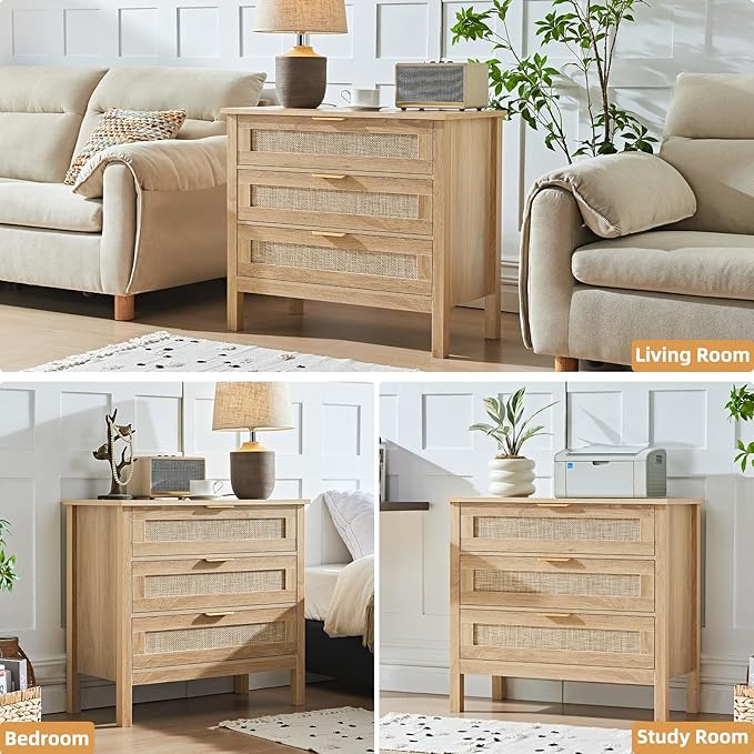 LEYAOYAO 31.5" Wide Rattan Nightstand, Large Boho 3 Drawer Night Stand, Natural Wood Bedside Table with Storage, Tall Bed Side End Tables, Chest of Drawers Dressers for Bedroom, Living Room, Hallway