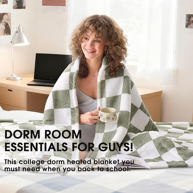 Sage Green Heated Blanket Electric Twin Size, 62X84 Heating Blanket with 10 Heat Levels & 8 Hours Auto Off, Checkered Plaid Soft Fleece Sherpa Blankets Warmer Gifts for Couch Grandma Women Adults