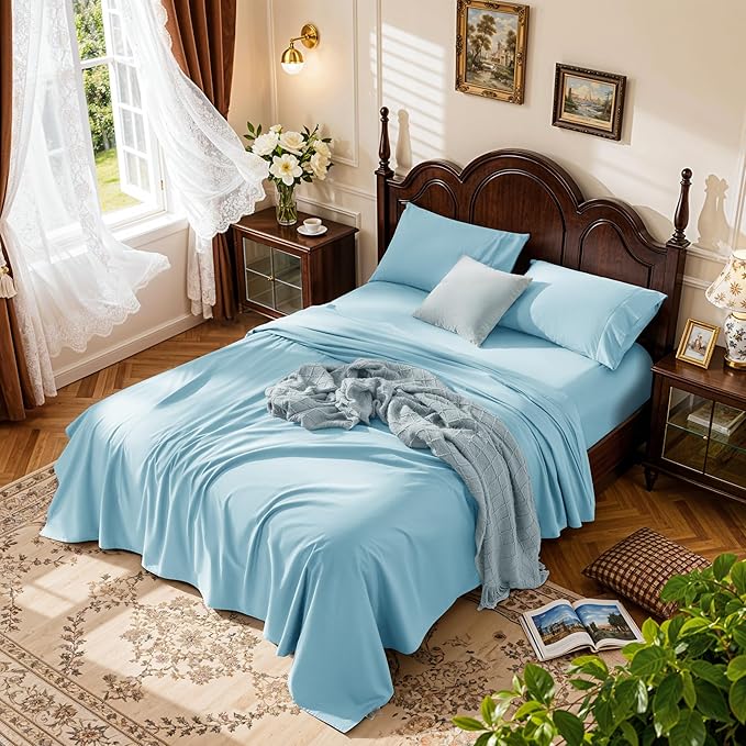 LBRO2M 1000 Thread Count 100% Egyptian Cotton Sheets Set King Size, 4 Piece Sets Bed Sheet Deep Pocket Sheet Set 16" Soft Comfortable All Season (King, Light Blue)