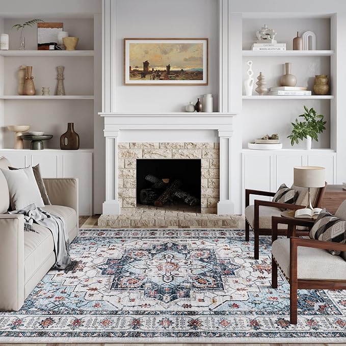 zesthome Washable Rug 5x7 Area Rugs,Stain Resistant Rugs for Living Room,Bedroom,Non-Slip Backing Home Decor Rug, Vintage Medallion Pattern Rugs (Blue,5'x7')