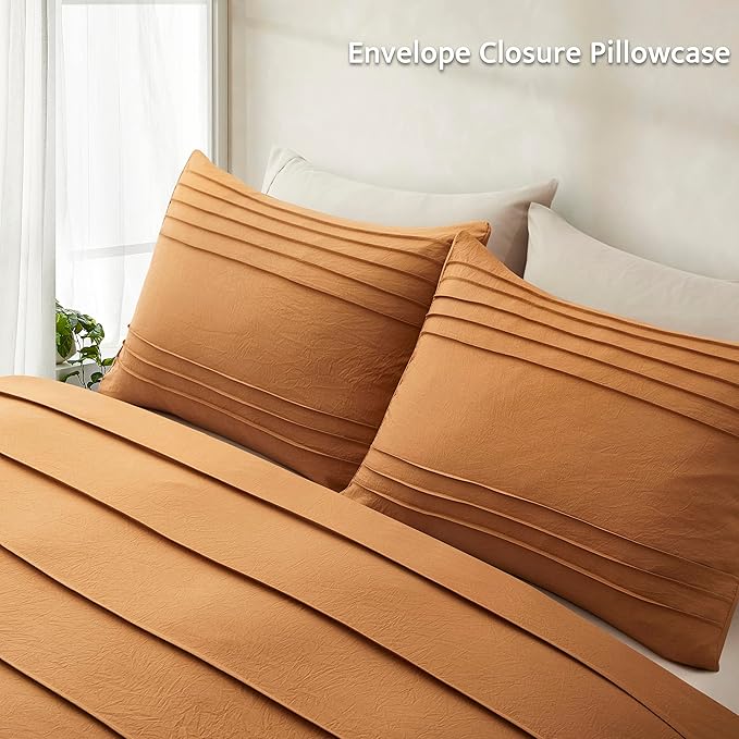 Oli Anderson Pumpkin Brown Duvet Cover King Size - Pleated King Duvet Cover, 3PCS Soft and Breathable Textured Bedding Set with Zipper Closure(Pumpkin Brown,104"x90")