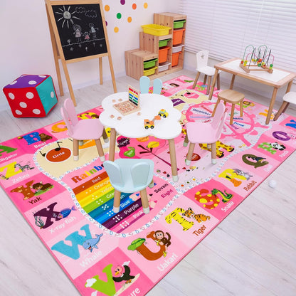Kids Rugs for Playroom Bedroom Classroom Nursery, Non-Slip and Washable Rugs for Children Toddlers Girls, Educational and Fun Rug Carpets with ABC Alphabet Animals Shapes, 6x9, Pink