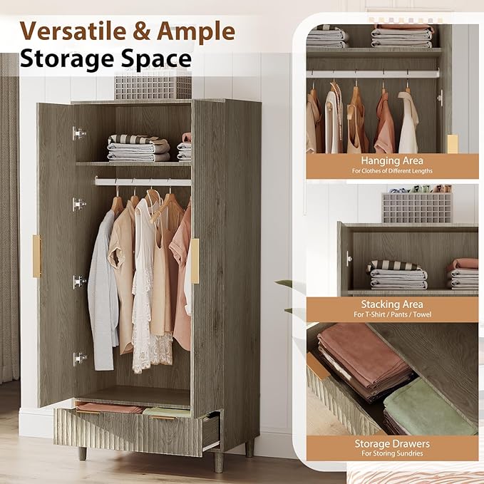 VINGLI Fluted Armoire Wardrobe Closet Wooden with Doors and Drawers, Wardrobe Cabinet with Hanging Rack, Bedroom Closet Wood, Free Standing Armoire with Shelf and Solid Wood Legs, Grey