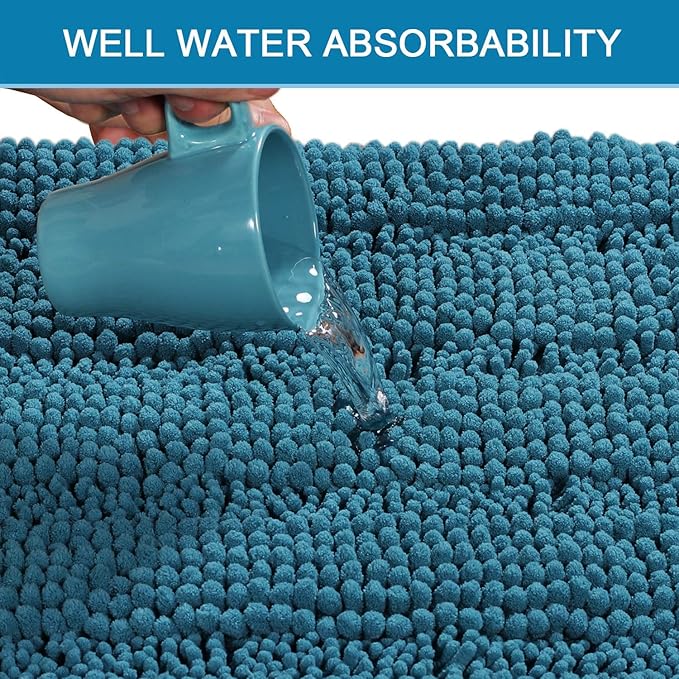 H.VERSAILTEX Bath Mats for Bathroom Non Slip Extra Thick Chenille Striped Bath Rug 24" x 36" Absorbent Non Skid Fluffy Soft Shaggy Rugs Washable Plush Mats for Indoor, Bath Room, Tub - Turquoise Blue