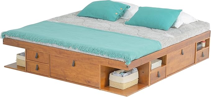 memomad Bali Storage Platform Bed with Drawers (King Size, Oak Brown Wood)
