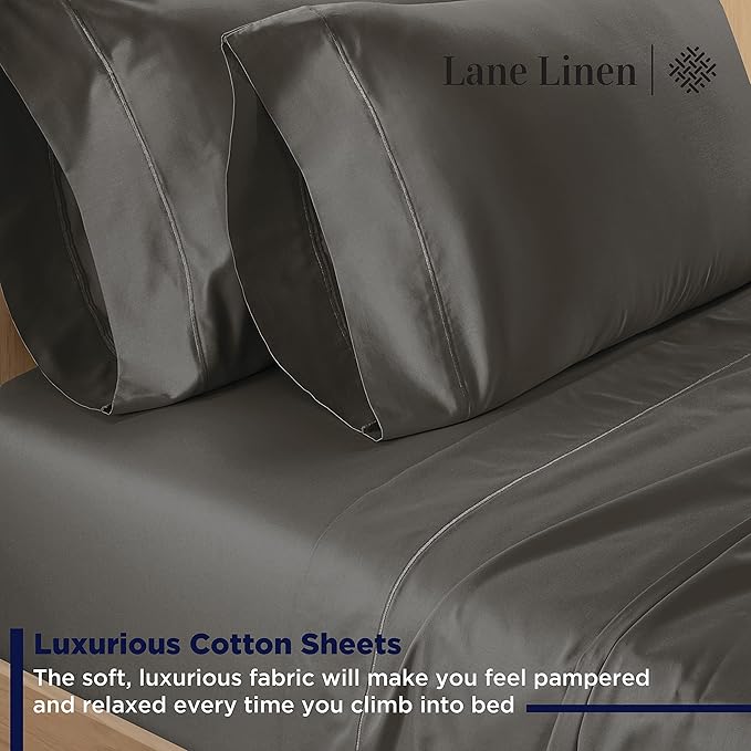 LANE LINEN 600 Thread Count 100% Mercerized Cotton Machine Wash Full Size Bed Sheets Set, Fully Elasticized Fitted Sheet, European Closure Pillow Cases, Z Hem Top Sheet, Soft & Comfy Sheets - Charcoal