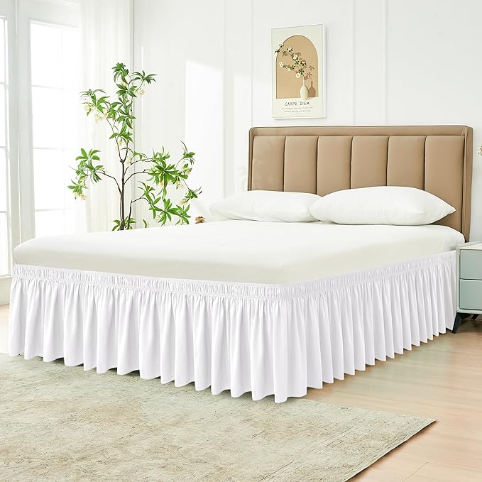 Biscaynebay Wrap Around Bed Skirts for Queen Size Beds with Extra Long Drop of 21", White Adjustable Elastic Dust Ruffles Easy Fit Wrinkle Resistant Silky Luxurious Fabric Machine Washable