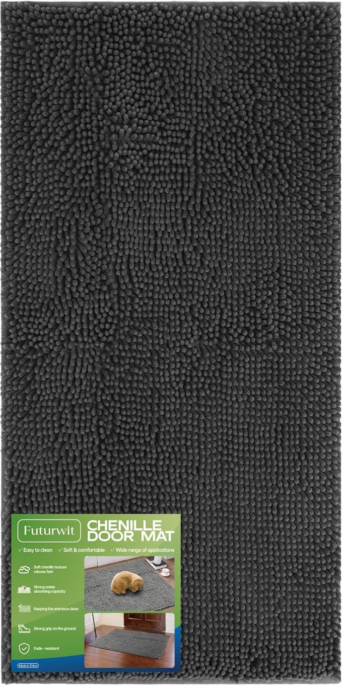 Dog Door Mat for Muddy Paws, 60" x 24" Chenille Absorbent Front Door Mat Inside, Large Runner Mud Mat for Dogs, Trap Dirt Washable Non Slip Outdoor Indoor Entrance Doormats, Grey