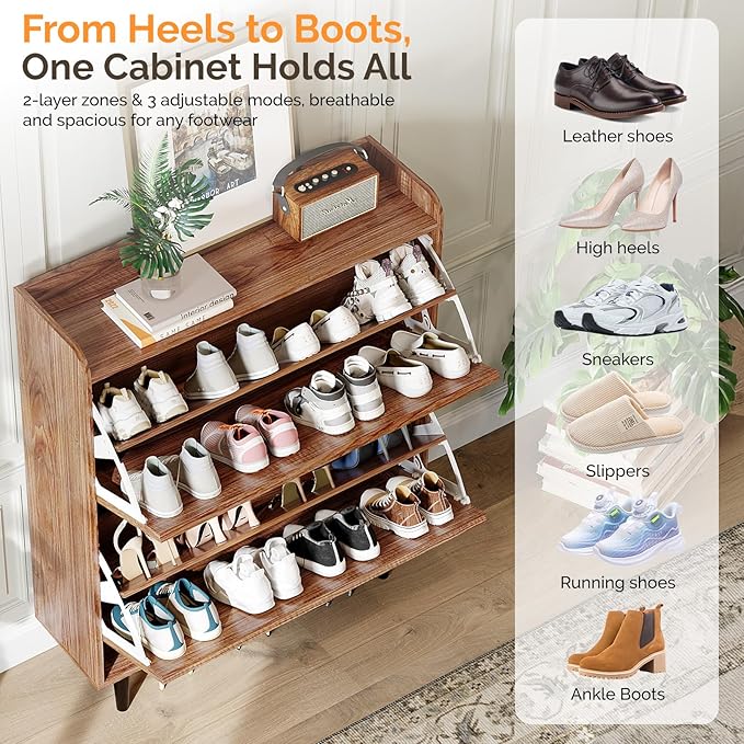 VINGLI Shoe Storage Cabinet for Entryway with 2 Flip Drawers, Ultra Slim Freestanding Entryway Shoe Organizer with Wood Tapered Legs,Hidden Closed Shoe Rack,31.6" W * 9.4" D * 39.4" H, Walnut