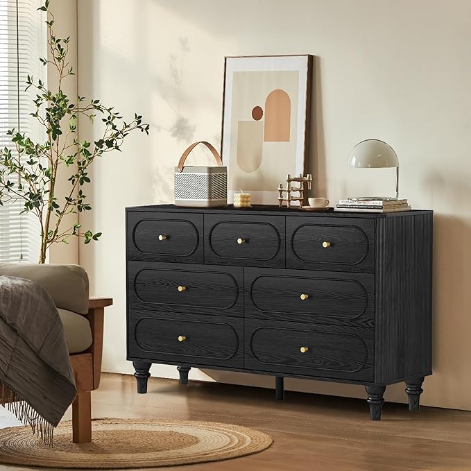 ORRD 7 Drawer Fluted Dresser for Bedroom, Mid Century Modern Chest of Drawers, Wood Storage Large Dresser Organizer for Bedroom Living Room Hallway Closet, Black
