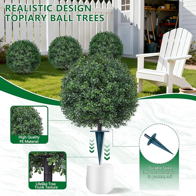 Artificial 23" Boxwood Topiary Trees with Ground Spike,2 Pieces Fake Pine Shrubs Bushes, UV Resistant Faux Evergreen Cypress Tree Plants for Indoor Outdoor Planters Front Porch