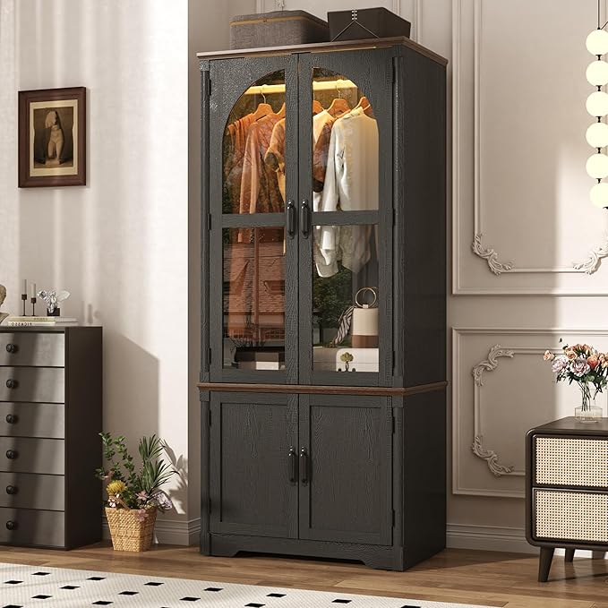 Tall Farmhouse 2 Doors Armoire Wardrobe Closet with LED ,72" Freestanding Arched Wardrobe Closet Cabinet for Bedroom w Glass Doors,Wooden Clothing Storage Cabinet,Closets for Bedroom(Black)