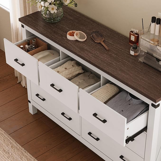 LINSY HOME Farmhouse Dresser for Bedroom with 7 Drawers, 53” Wide Rustic Wood Chest with Deep Drawer, Modern Dressers with Storage and Metal Handles for Closet, Living Room, Hallway, Off White