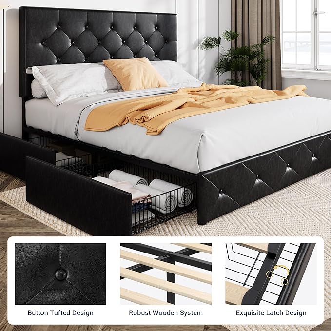 Allewie Upholstered Full Size Platform Bed Frame with 4 Storage Drawers and Headboard, Diamond Stitched Button Tufted, Mattress Foundation with Wooden Slats Support, No Box Spring Needed, Black