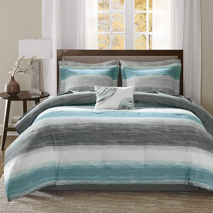 Madison Park Essentials Twin Comforter Set, Bed in a Bag Twin, Watercolor Print Coastal Comforter & Chambray Cotton Sheet Set, All Season Bedding Set, Saben, Aqua Twin (68 in x 86 in) 7 Piece