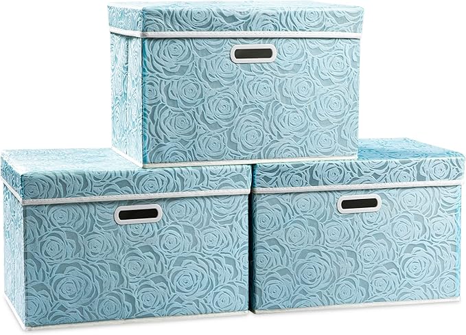 PRANDOM Larger Collapsible Storage Cubes with Lids Fabric Decorative Storage Bins Boxes Organizer Containers Baskets with Cover Handles for Bedroom Closet Living Room Blue 17.7x11.8x11.8 Inch 3 Pack