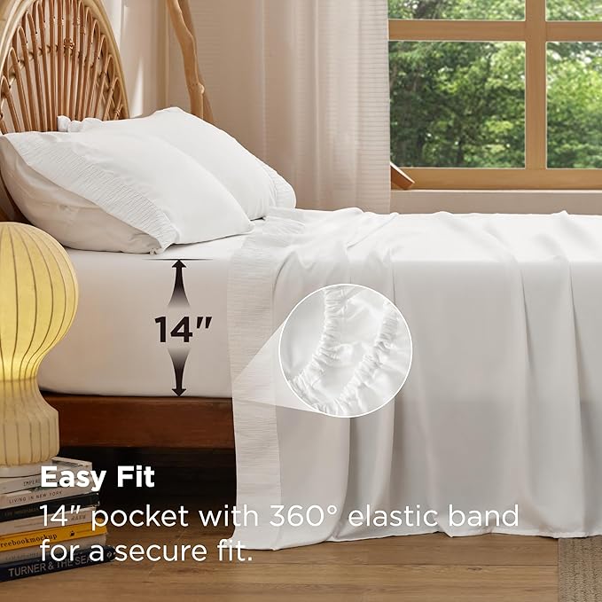 Bedsure California King Sheet Sets - 4 Pieces Soft Cal King Sheets - Breathable & Cooling - Hotel Luxury - Easy Care Polyester Microfiber Bedding for Women, Men, Bright White