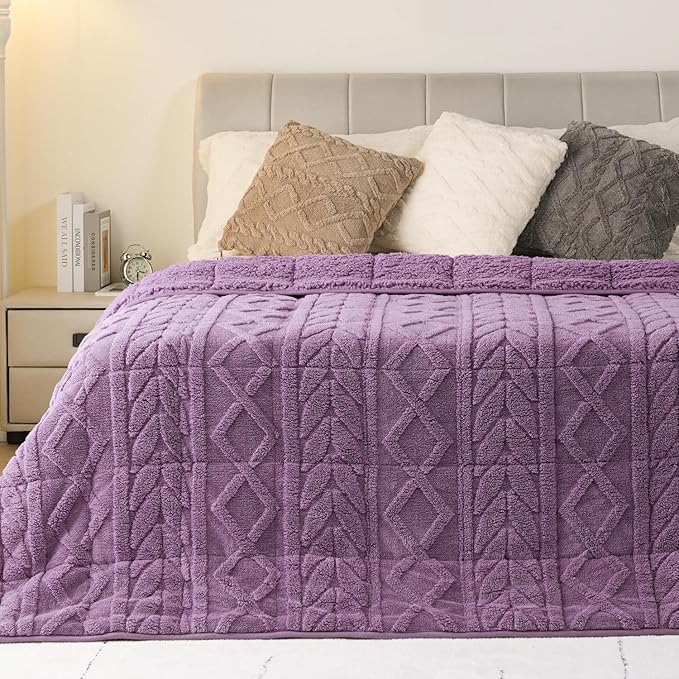 Cottonblue Jacquard Weighted Blanket 15 lbs for Adults Queen Twin Full Size, Fuzzy Sherpa Fleece Weighted Throw Blankets 60x80 in for Relax & Sleep, Cozy Heavy Bed Blankets with Cemaric Beads, Purple