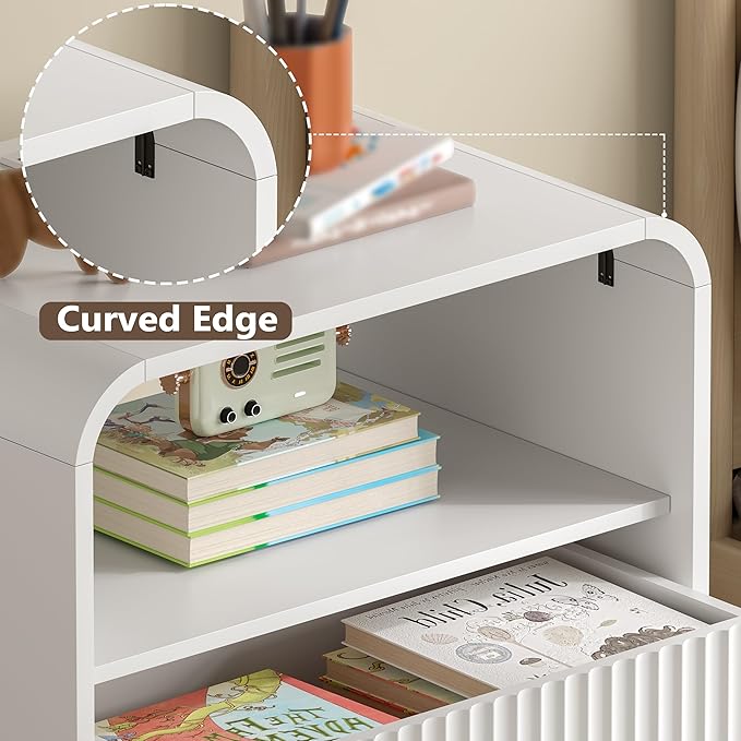 Dresser with 2 Drawers and Charging Station, Fluted Bedside Table with Round Curved Corner, Hidden Handles, 2 AC Outlets and 2 USB Ports, Modern Wood End Table with Open Shelf for Bedroom