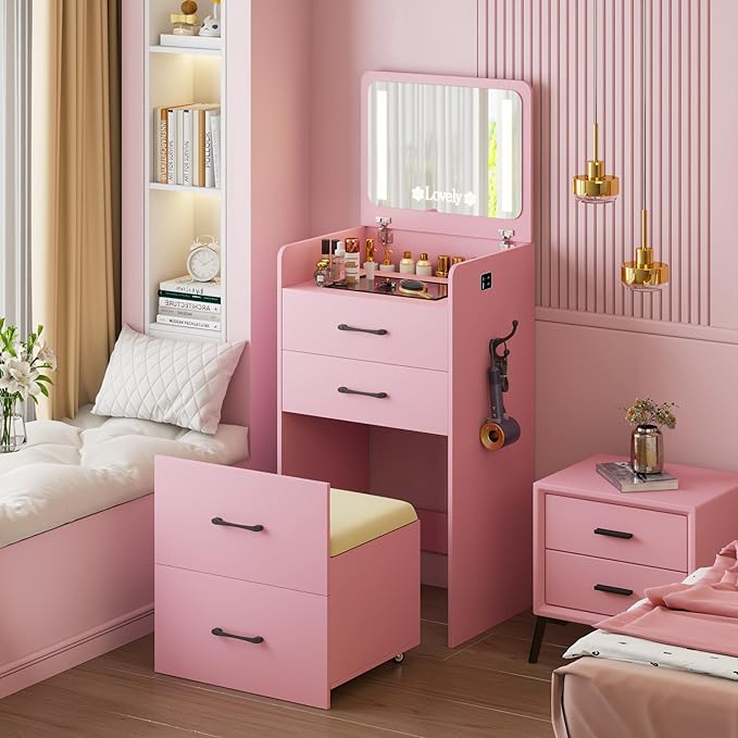 HNEBC 3 in 1 Vanity Desk with Plip Top LED Mirror,Small Dressing Table Set with Visible Glass Desktop,Compact Vanity with 3 Drawers,Storage Compartment and Padded Stool,for Bedroom(Pink)