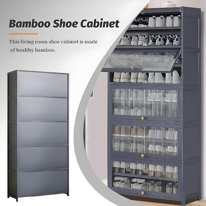 Tall Shoe Cabinet with Clear Doors, Large Capacity Bamboo Shoe Cabinet, 40-45 Pairs Shoe Rack Organizer for Closet Entrance, Hallway, Living Room, Bedroom