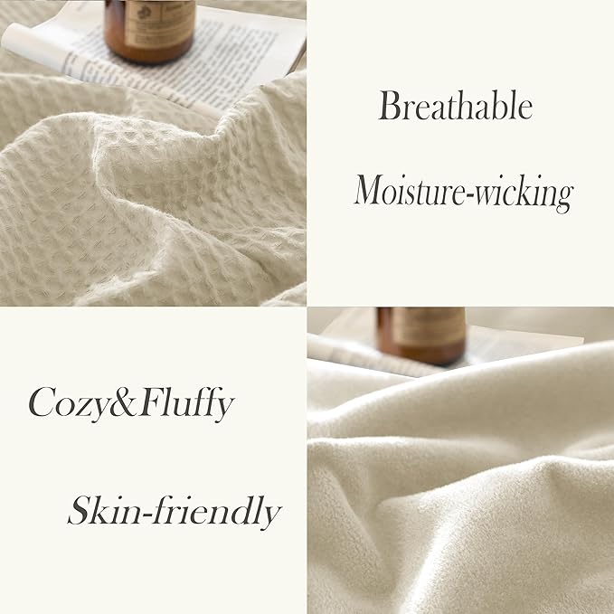 CHUFFED Cotton Waffle Blanket Throw Size - Plush Milk Velvet & Reversible Waffle Weave,Anti-Static 300Gsm Design，Thick Cozy Soft Winter Blanket for Bed, Couch, Sofa - Beige, 50x70 Inches