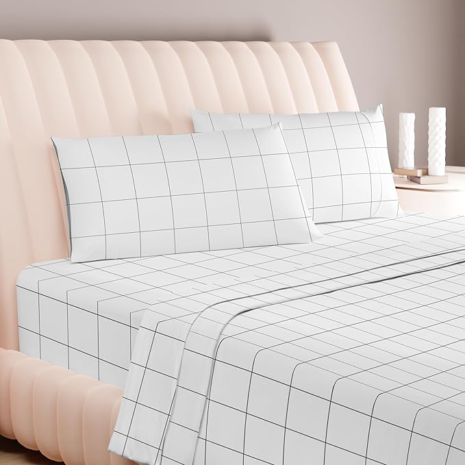 Carressa Linen Luxury Egyptian Cotton Queen Printed Sheet Set - 600 Thread Count Extra Long Staple 4 PC Set, Window Pane Queen Printed Sheets, Soft, Cooling Sateen Weave Sheets Upto 18 in Deep Pocket
