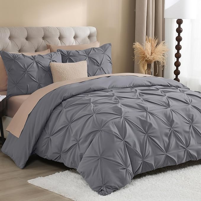 Litanika Dark Grey Oversized Queen Pinch Pleat Duvet Cover, 3 Pieces Pintuck Cover Soft Microfiber Bedding Set with Zipper Closure & Corner Ties(1 Duvet Cover, 2 Pillowcases)