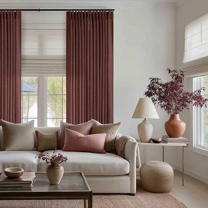 Reddish Brown Linen Pinch Pleated Curtains 96 Inches Long for Living Room Pleated Drapes Back Tab Thick Linen Textured Boho Farmhouse Country Maroon Rust Brown 96 Inch Curtain for Dining Bedroom